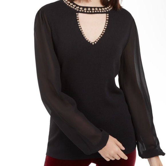 INC International Concepts Black Long Sheer Sleeve Blouse - Picture 1 of 7